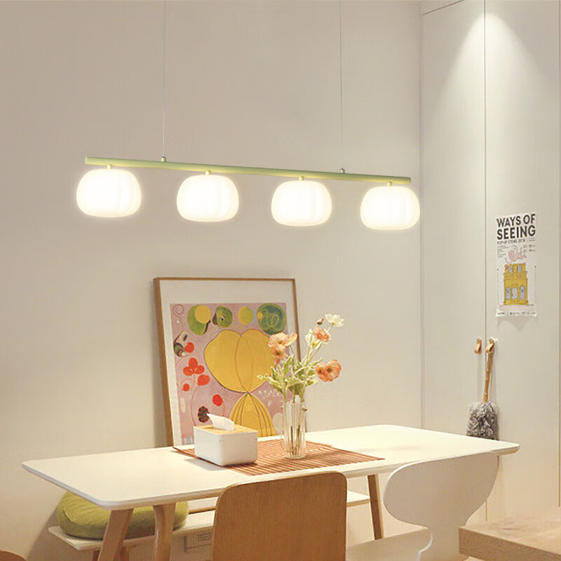 灯宴餐厅吊灯一字长条创意南瓜灯吧台灯现代简约奶油风led餐桌饭厅灯 绿色4头-三色光