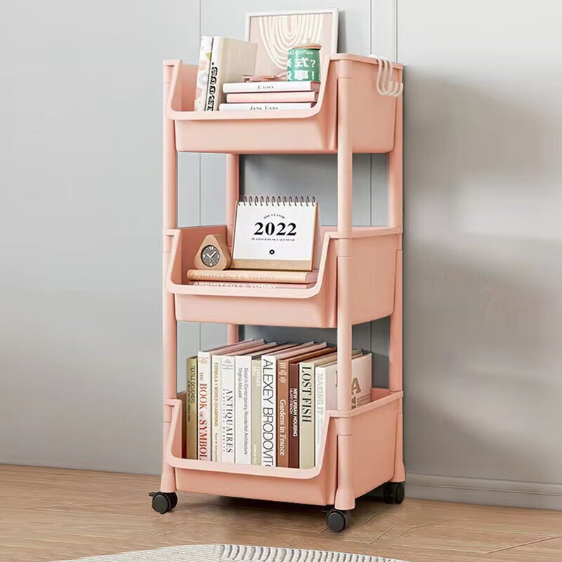 索尔诺（SuoErnuo）书架置物架可移动玩具收纳架塑料多层家用推车带轮落地简易书本架 3层粉色(U型顶)带滚轮+挂钩