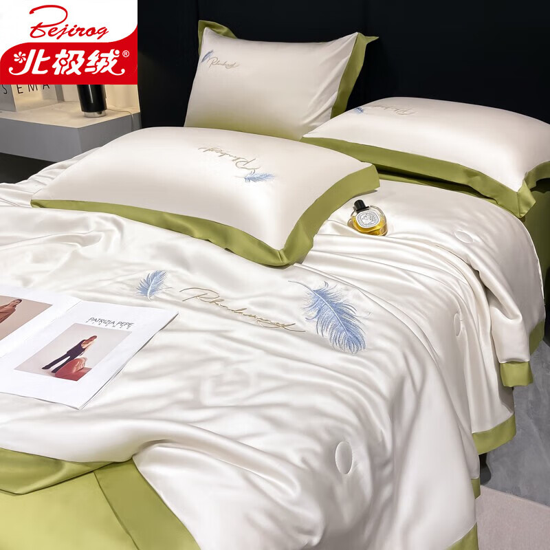 北极绒（Bejirog）夏凉被四件套夏天冰丝夏被空调被单人宿舍被子纯色双人家用薄被芯  丝羽-奶白绿 150*200cm单人被