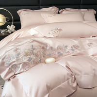 眠度床上四件套纯棉100%长绒棉100支刺绣高档轻奢全棉床单被套床品 漫语蔷薇(雅灰粉) 1.5/1.8m床四件套
