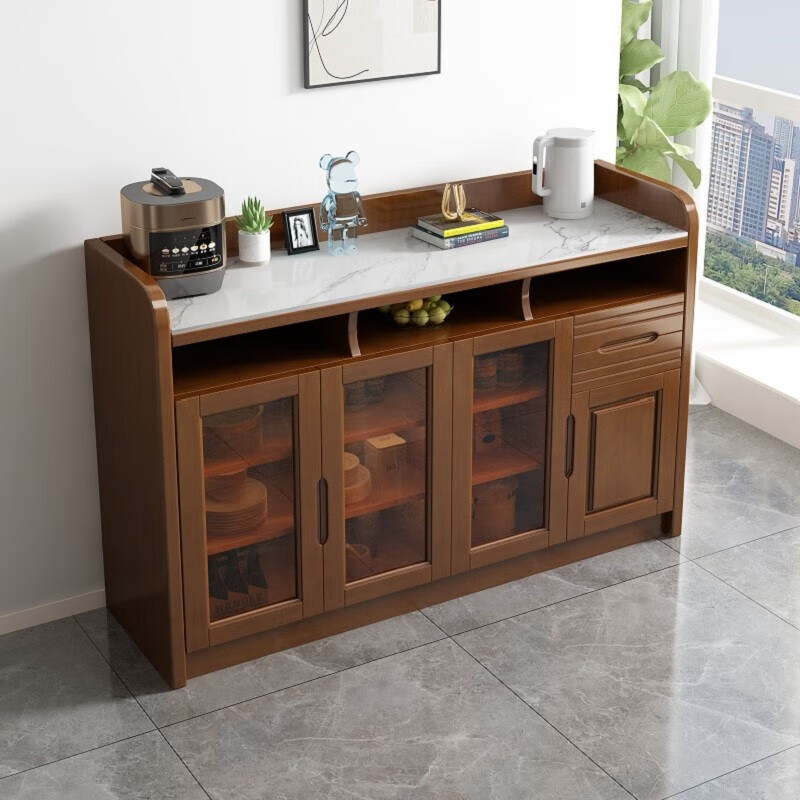 贵妃实木餐边柜酒柜靠墙厨房客厅碗柜餐厅茶水柜储物柜子 实木餐边柜 +白岩板 胡桃色 1.2米组合