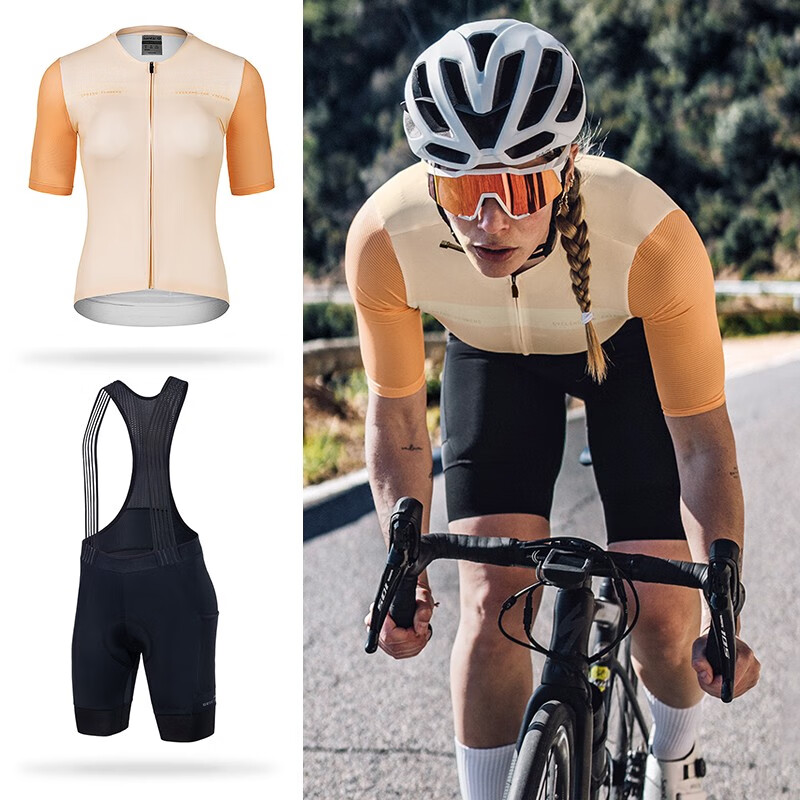 Santic 森地客 春夏季骑行服套装自行车背带短裤骑行短袖套装女 阿兹法早橘+杜尚二季黑 L