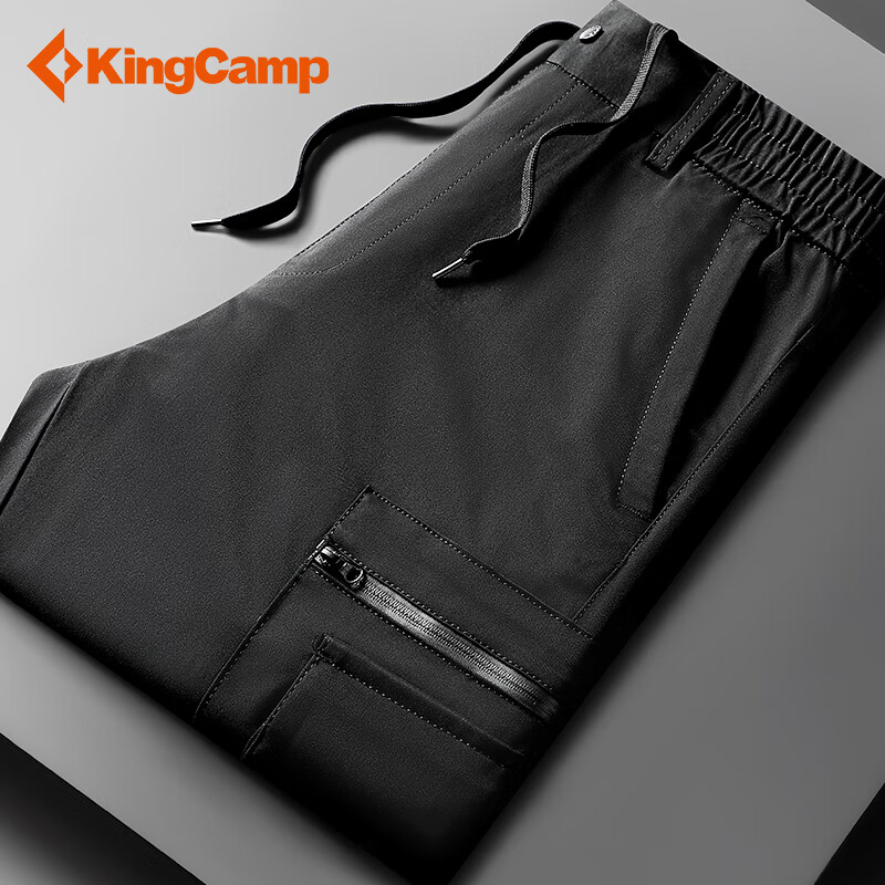 KingCamp速干裤男士夏季多口袋工装裤子宽松直筒长裤户外旅游徒步登山裤 黑色 L