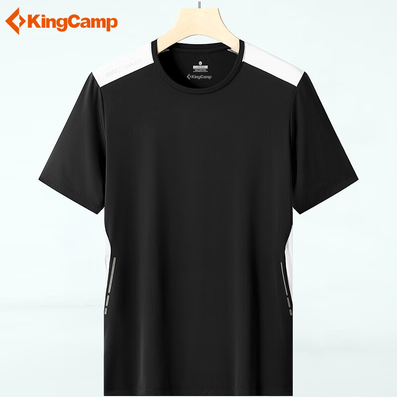 KingCamp新款速干T恤男圆领拼色轻薄舒适快干衣夏季冰丝弹力透气运动短袖 黑色 5XL