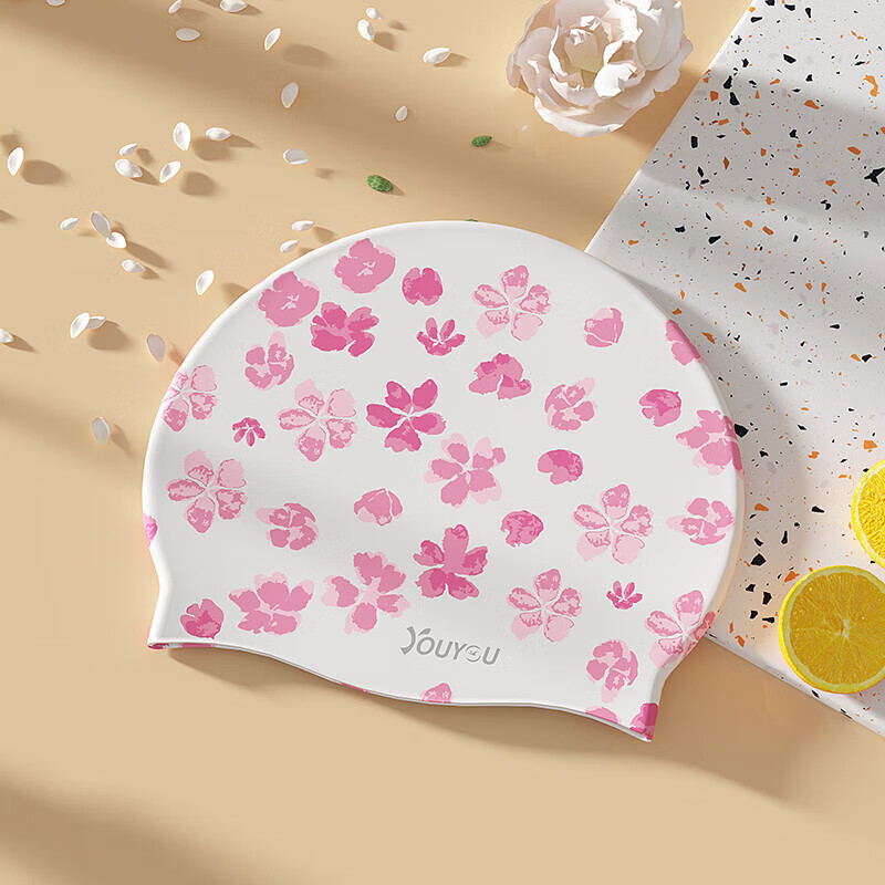 佑游泳帽女士硅胶防水帽大号舒适不勒头长发游泳帽男 71301 白色樱花