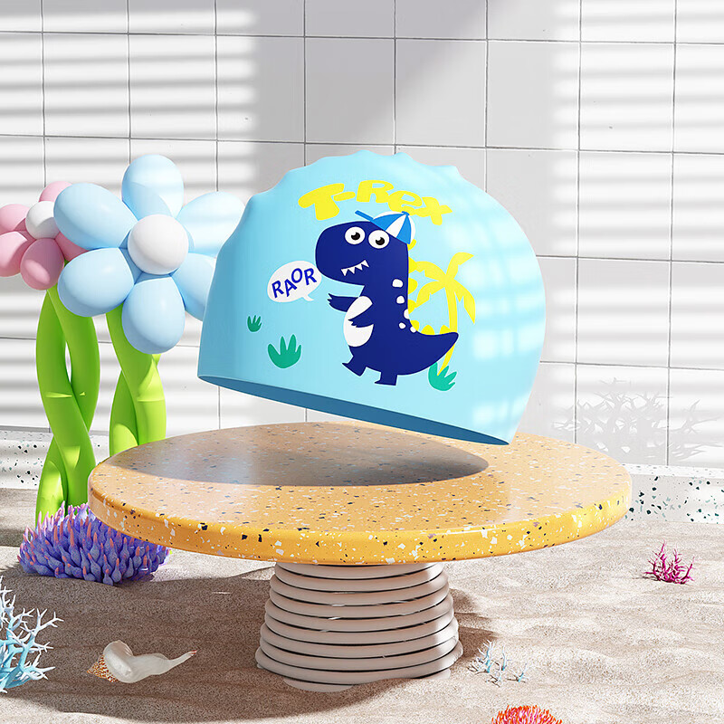 佑游儿童游泳帽不勒头防水泳帽女童可爱硅胶游泳帽 71360 蓝色恐龙