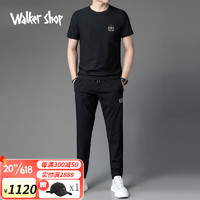 Walker Shop品牌运动套装夏季冰丝弹力圆领短袖户外长裤速干宽松休闲两件套 黑色 XL（推荐135-150斤）