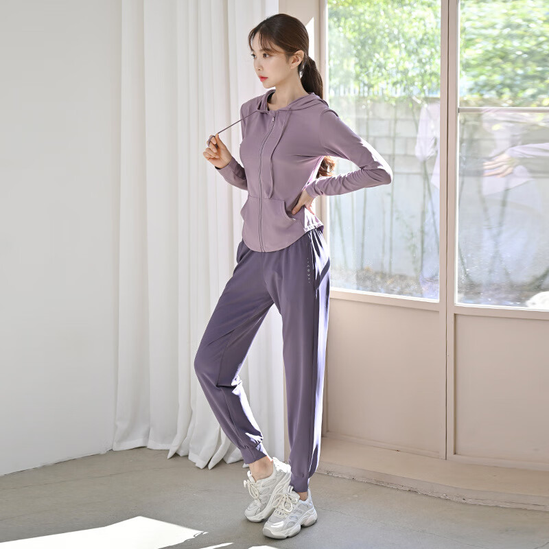 朵梵蓮（Duofanlian）跑步运动套装女春季户外健身房瑜伽服女套装速干衣宽松健身服 1紫色外套+K12紫色长裤 S
