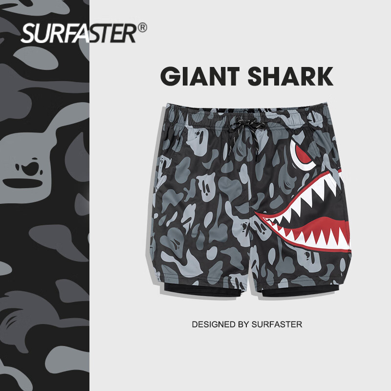 速浪双层泳裤男士短裤游泳健身酷炫迷彩风温泉防尴尬 迷彩巨鲨 S