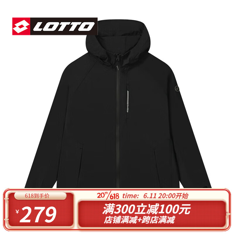 乐途（LOTTO）男士夹克时尚潮流运动风衣防风保暖外套休闲连帽长袖上衣 黑色 195/4XL