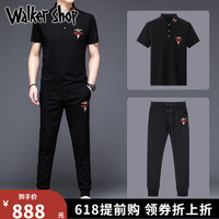 Walker Shop运动套装男天丝休闲男士短袖T恤夏季新款翻领纯色两件套男装 长裤 2件套黑色 803 4XL