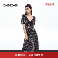 bebe2023早秋新品V领蝴蝶结爱心印花连衣裙250062