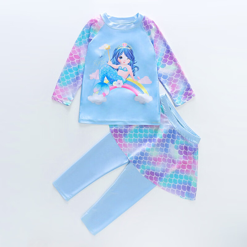 魔肯（MOKEN）新款女童泳衣长袖长裤套装分体两件套美人鱼儿童服装游泳衣 浅蓝 L
