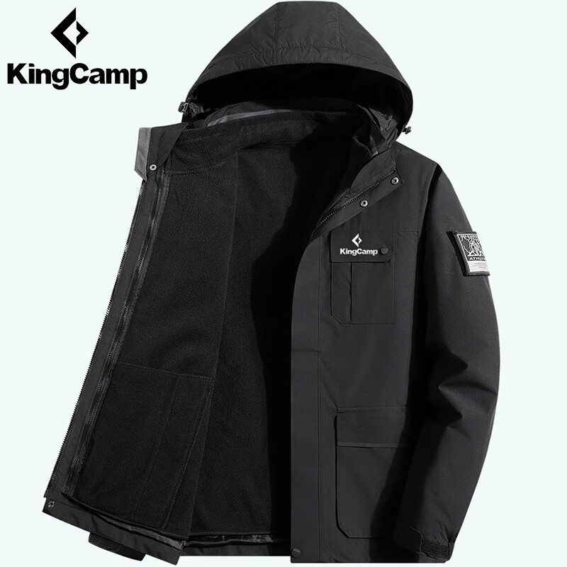 KingCamp冲锋衣男女三合一两件套防风防水户外旅游登山服加绒防寒保暖外套 黑色(男款) M