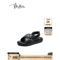 妙丽（Millies）夏季商场同款牛皮时尚休闲女凉鞋100-6BL3 黑色 36