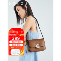 HONGU 红谷 包包女包2023新款牛皮单肩包复古纯色小方包时尚女士斜挎包 棕色