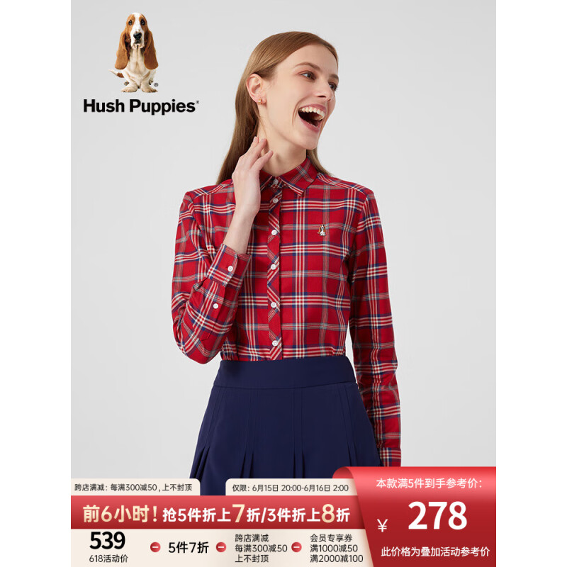 Hush Puppies暇步士女装2023秋季美式复古格子基础休闲纯棉衬衫女 362蓝红 L