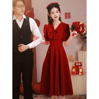 塞德勒（SAIDELE）敬酒服小个子新娘平时可穿日常回门订婚连衣裙红色礼服女夏季法式 酒红色 XL (建议116-125斤)