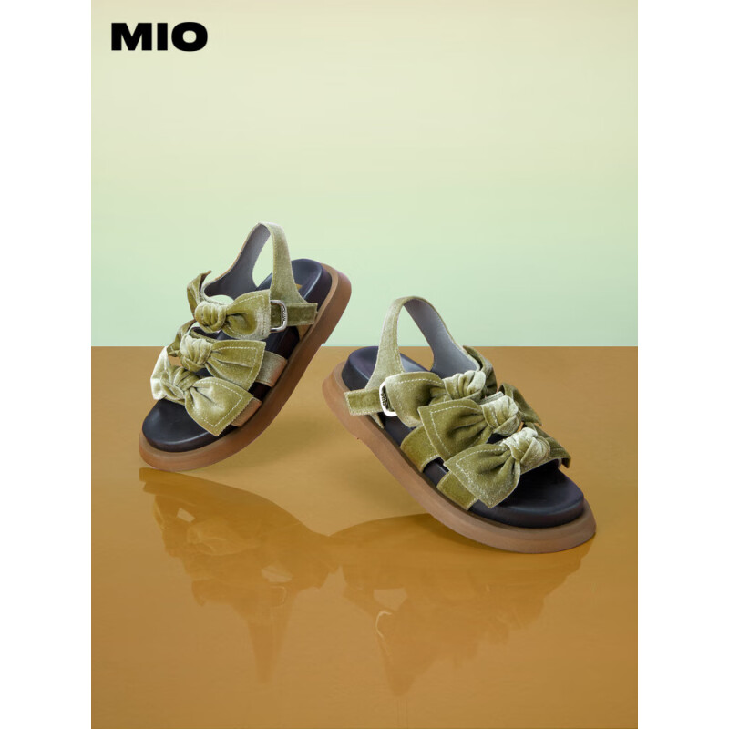 MIO2023夏季纯色低跟厚底凉鞋复古丝绒蝴蝶结时尚休闲沙滩鞋 金色 38