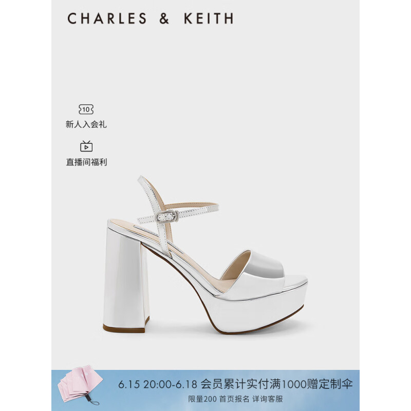 CHARLES&KEITH23夏季新品CK1-60920345时尚粗高跟腕带凉鞋女鞋 Silver银色 35