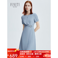 菲妮迪品牌连衣裙2023年夏季新款 简约时尚抽褶设计感短袖A字裙女 蓝色 S