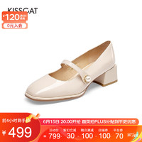 KISSCAT接吻猫2023新款时尚复古玛丽珍鞋珍珠方头漆皮单鞋女KA42539-10 白色 34