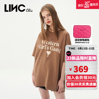 LINC Chic 金羽杰 23夏季新品圆领短袖T恤女中长款破洞宽松大T纯棉半袖女S232TS177Y 坚果卡其 S适合135斤以下