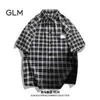 GLM森马集团品牌短袖衬衫男翻领韩版简约潮流百搭格子开衬衣 黑色 M