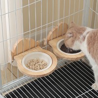 布鲁仕猫碗猫盆陶瓷猫狗食具笼内实木框架防打翻挂碗_猫头双碗