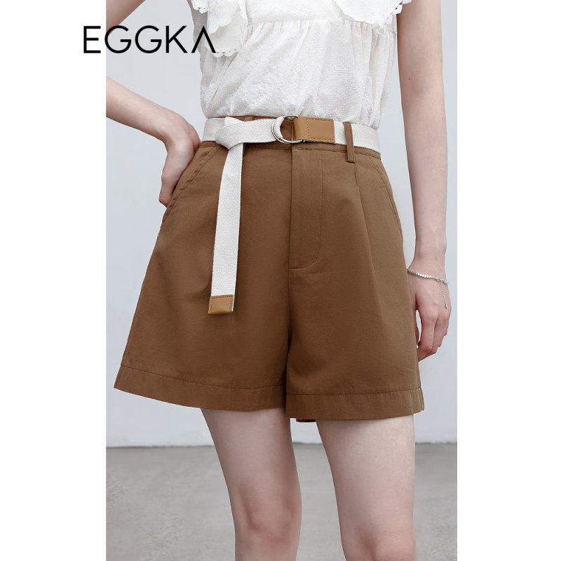 EGGKA 高腰休闲短裤女薄款夏季2023年新款设计感阔腿宽松直筒裤子 焦糖 S