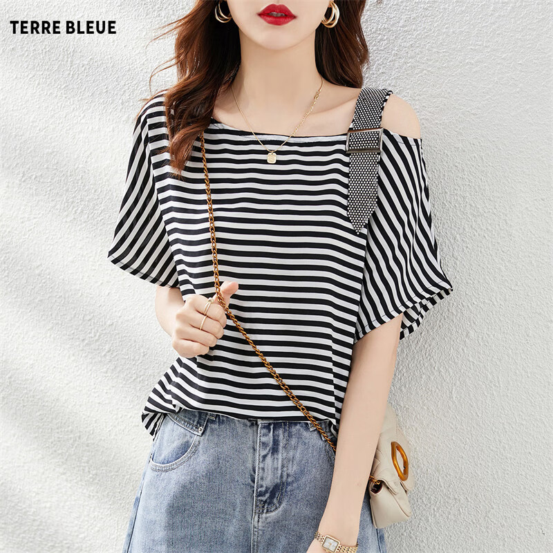 TERRE BLEUE休闲衬衫女夏季短袖宽松韩版设计感小个子衬衣女 黑白条纹 M