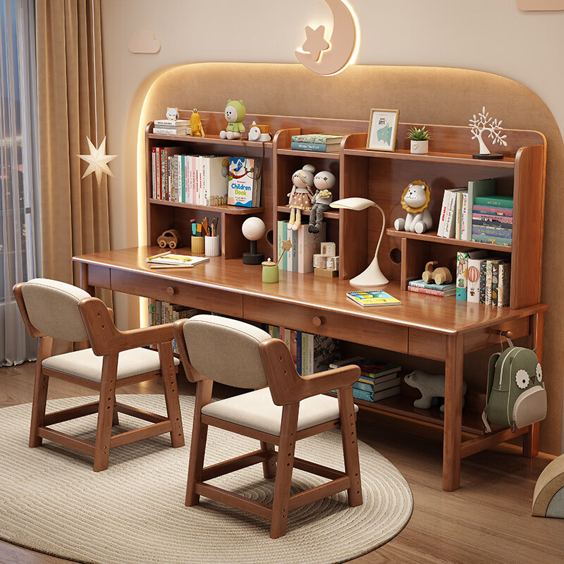 摩高空间实木双人书桌北欧风橡胶木带书架书桌简约电脑桌-1.6米单桌+2椅子
