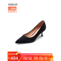 KISSCAT接吻猫女鞋新款船鞋浅口单鞋女通勤百搭黑色高跟鞋细根KA42103-16 黑色 33