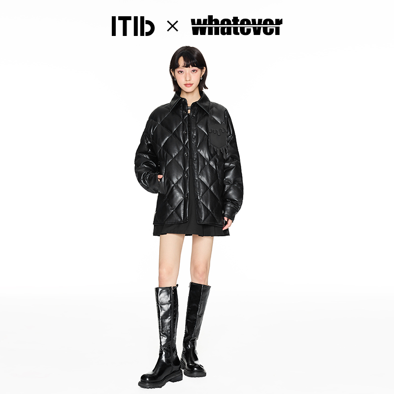 ITIB×WHATEVER设计师联名 菱格羽绒服女中长款纯色90绒羽绒外套 绿色 预售20-25天 XL