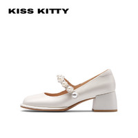Kiss Kitty KISSKITTY珍宝玛丽珍鞋中跟2023新款白色女鞋单鞋温柔风珍珠鞋子
