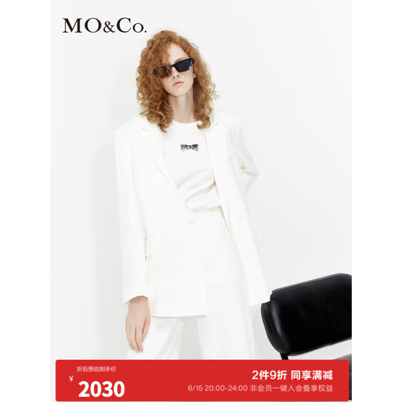 MO&Co.2023夏新品后背蝴蝶结飘带垫肩宽松休闲西装外套MBC2BLA004 本白色 XS/155