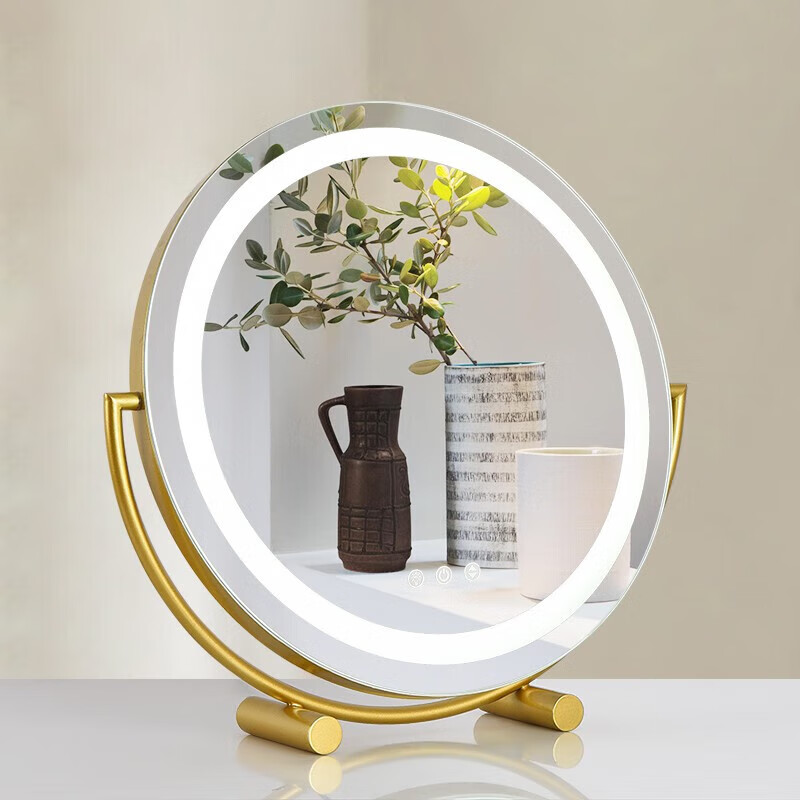 亚思特（YASITE）化妆镜台式桌面led带灯补光充电梳妆台可旋转宿舍网红少女心ins风 金色-直径30CM