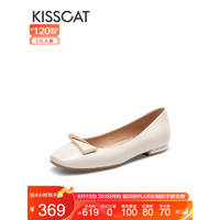 KISSCAT接吻猫女鞋夏季浅口单鞋舒适低跟小皮鞋百搭通勤船鞋女KA32137-11 白色 34