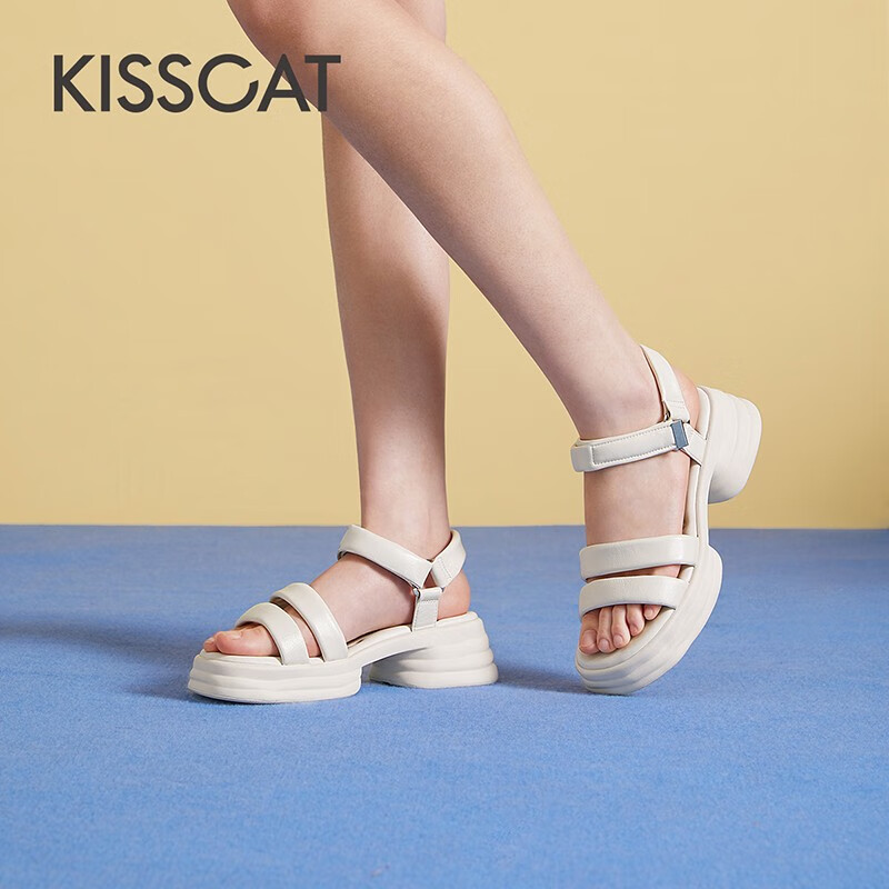 KISSCAT接吻猫女鞋夏季新款凉拖鞋一字带凉鞋女舒适厚底沙滩鞋KA43335-50 米色 34