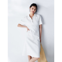 初棉polo领法式通勤短袖连衣裙女 夏季新款a字收腰长款显瘦裙子 白色 XL