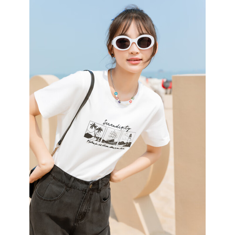 lagogo拉谷谷2023年夏季新款正肩圆领休闲印花修身T恤女白色短袖 本白色(V1) 160/M/38