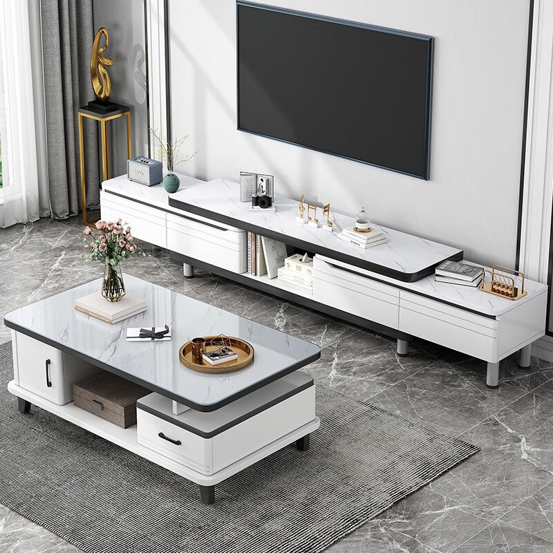 宜造（YIZAO）电视柜落地简约现代轻奢客厅家用小户型伸缩落地电视机柜茶几组合 组合|电视柜（200-270）+茶几120 组装