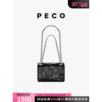 PECO 946单肩真皮链条嬉皮包2023新款黑色斜挎高级感通勤豆腐方包 黑色-现货预售