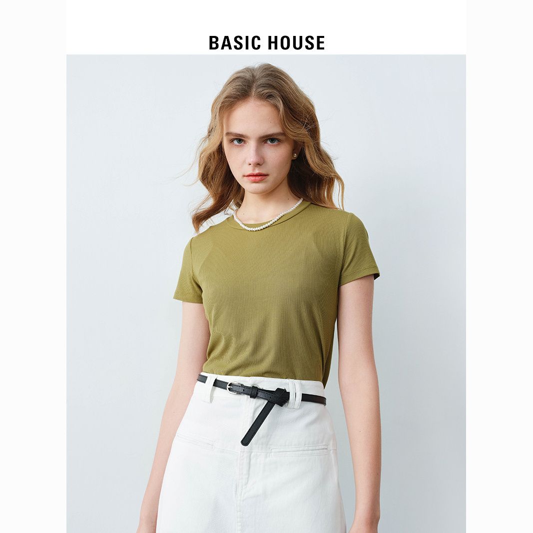 Basic House/百家好圆领衫短袖T恤2023夏季新款知性通勤修身短袖