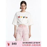 UOOYAA/乌丫2023夏季新款LOVE50%胶囊系列爱心印花扭结短袖T恤 白色 S