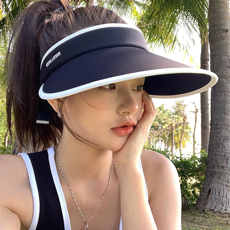 璞韵（PUYUN）防晒帽女夏季大帽檐骑车防紫外线空顶帽女uv太阳帽子遮阳帽遮脸潮 黑色白边