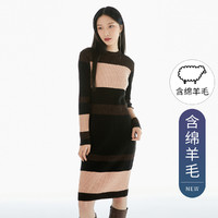 含绵羊毛拼接色女士时尚潮流通勤气质针织连衣裙 XL 黑色BLACK