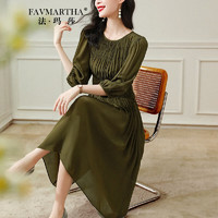 法玛莎品牌天丝连衣裙女夏季圆领灯笼袖设计感减龄显瘦气质中长款裙女 咸菜绿 L