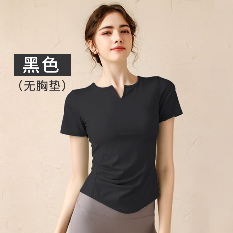 悦步瑜伽服女套装带胸垫夏普拉提训练健身上衣高级感运动跑步短袖T恤 黑色 XL
