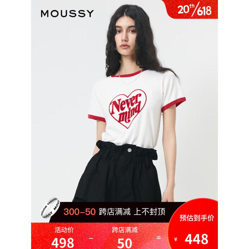 moussy 2023夏季新款复古配色LOGO休闲短袖T恤女028GSQ90-0080 010白色 00020/F